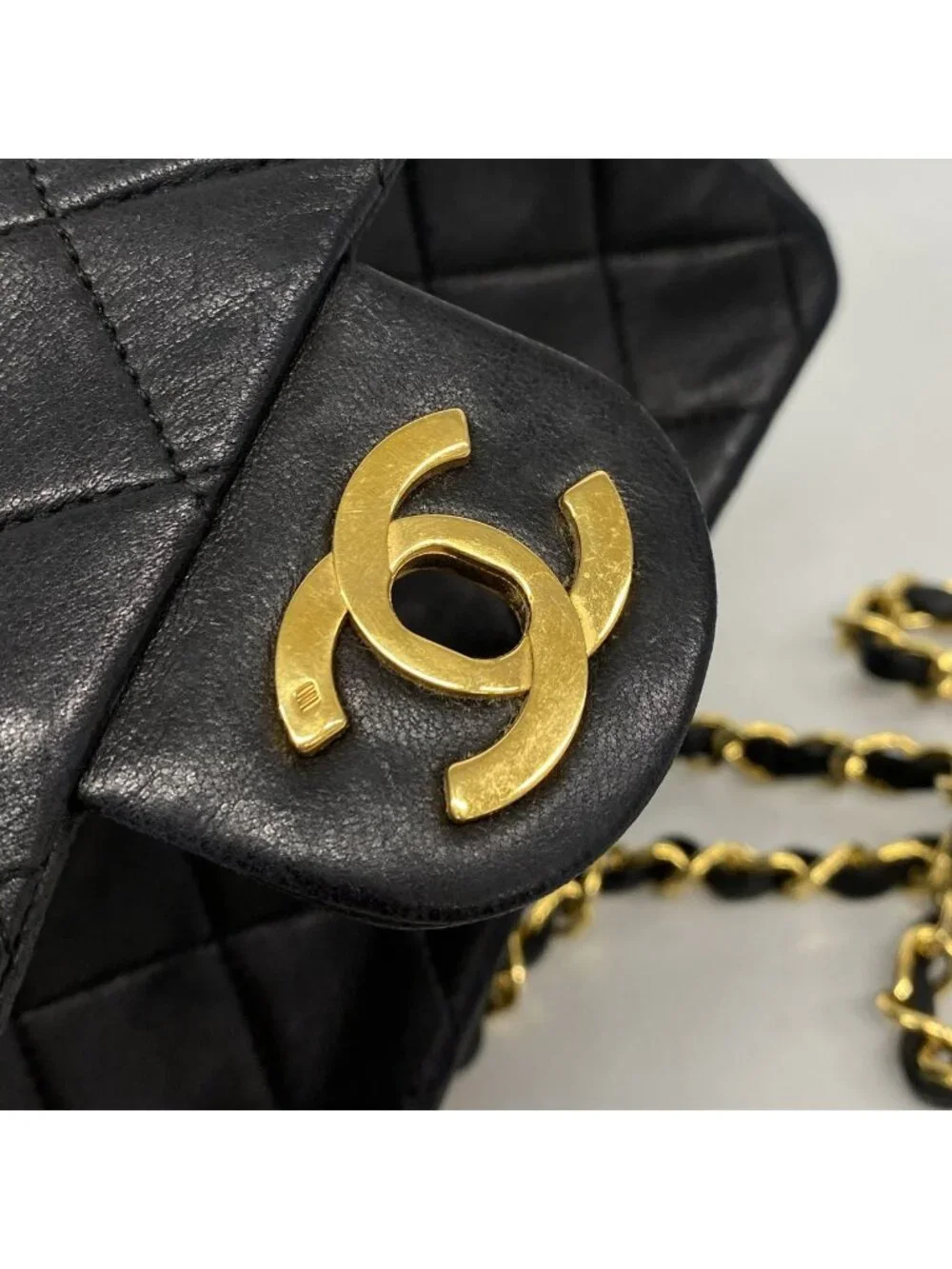 Chanel Shoulder Bag Mini Quilted Lambskin Black Gold